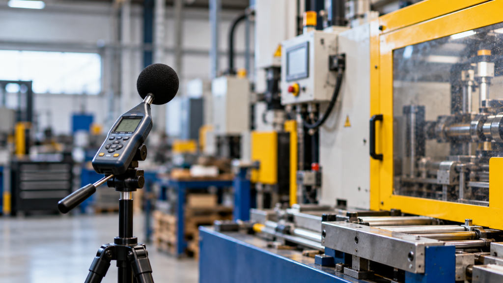 Sound level meter positioned beside industrial machinery during a workplace noise assessment.