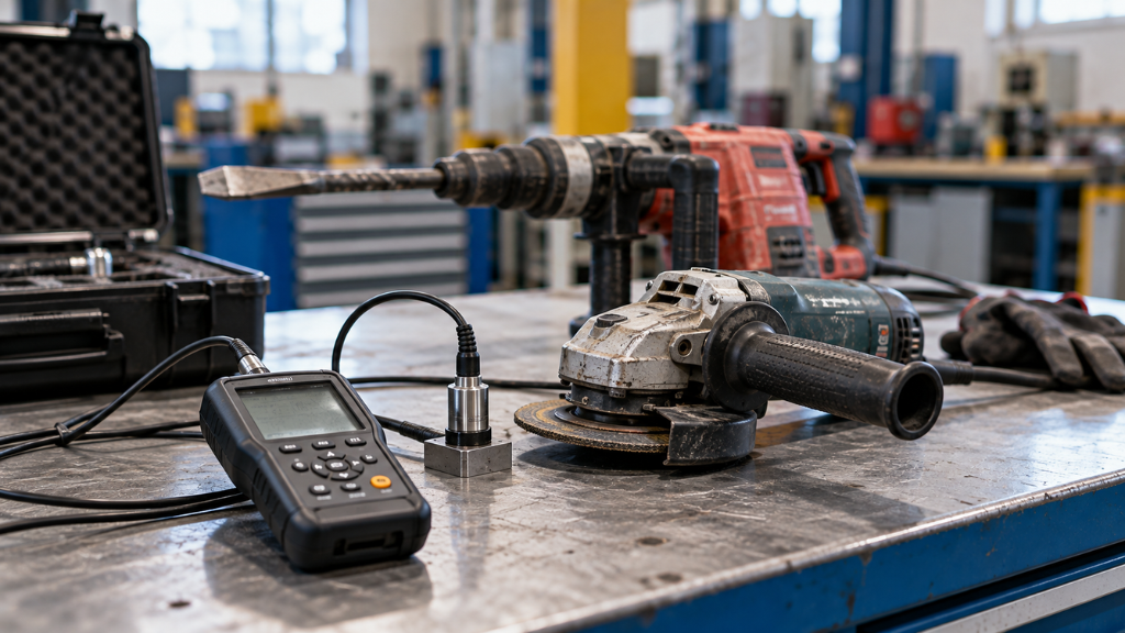 Vibration meter and power tools prepared for hand-arm vibration testing in an industrial workshop.