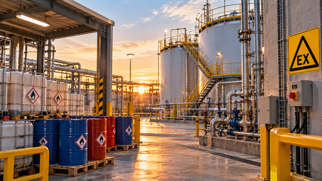 Industrial chemical storage facility with flammable liquid drums, storage tanks, pipework and an explosive atmosphere warning sign, highlighting DSEAR compliance risks.