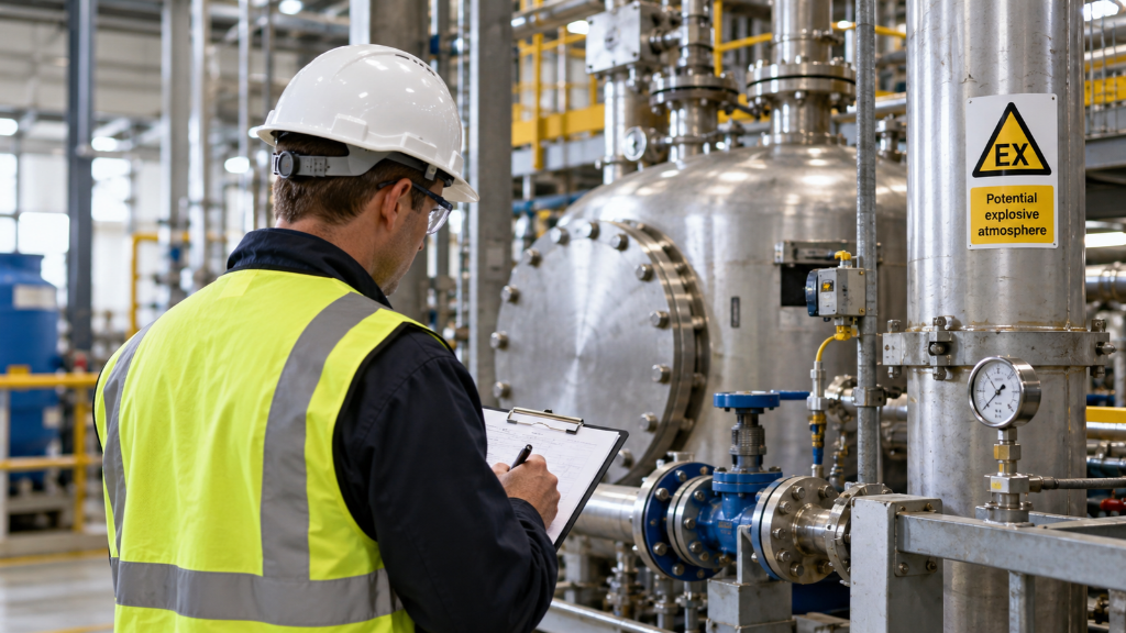 A health and safety specialist reviewing industrial processing equipment and pipework in a facility where dangerous substances may be present.