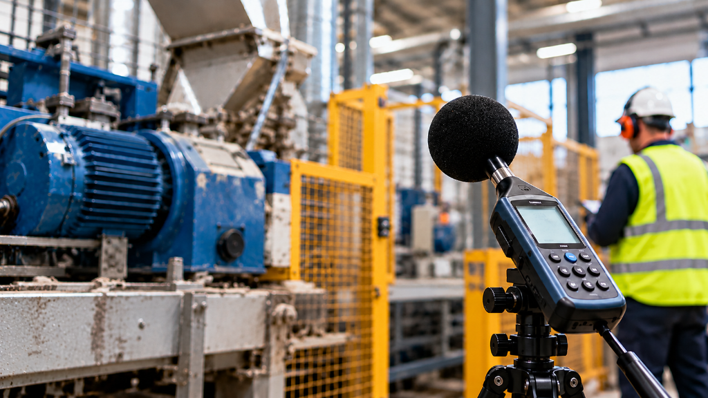 Sound level meter measuring workplace noise near industrial machinery as part of occupational hygiene monitoring.