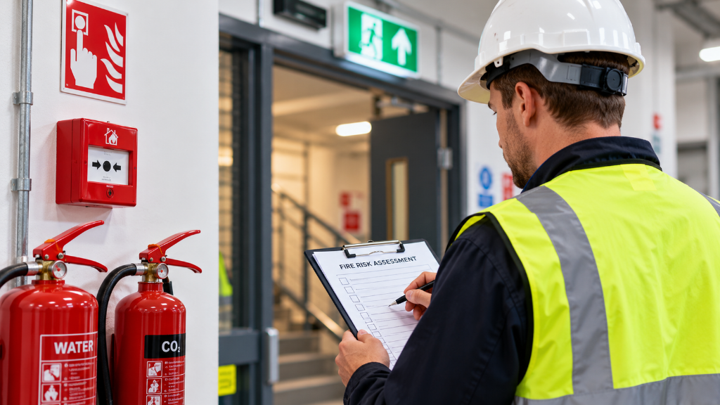 Fire safety assessor reviewing fire extinguishers, alarm points and emergency exit arrangements during a workplace fire risk assessment.