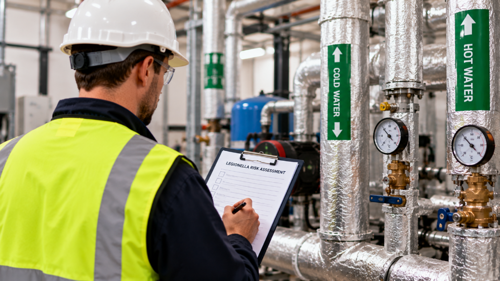 Water hygiene specialist reviewing hot and cold-water pipework and temperature gauges during a Legionella risk assessment.